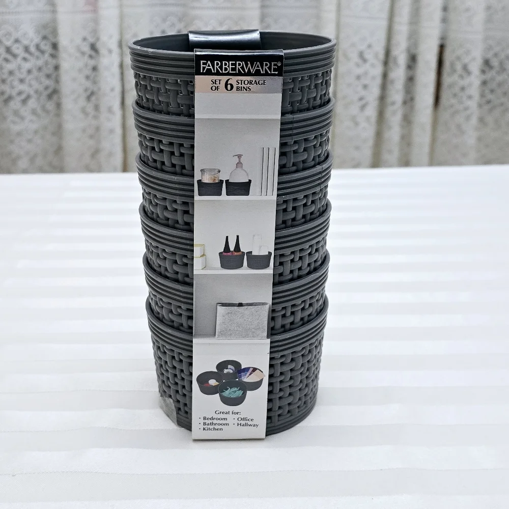 New 6pc Farberware Small Storage Bins Set Weave Gray Round Desktop Containers